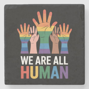 Wir sind alle menschlicher Regenbogen-LGBTQ-Stolz Steinuntersetzer