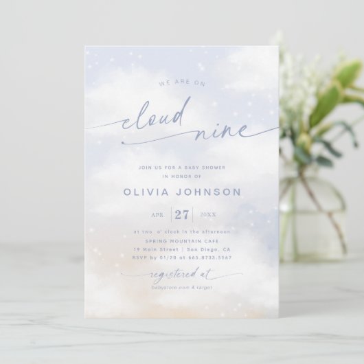 Wir sind auf Cloud 9 Dreamy Clouds Baby Dusche Einladung (Stehend Vorderseite)