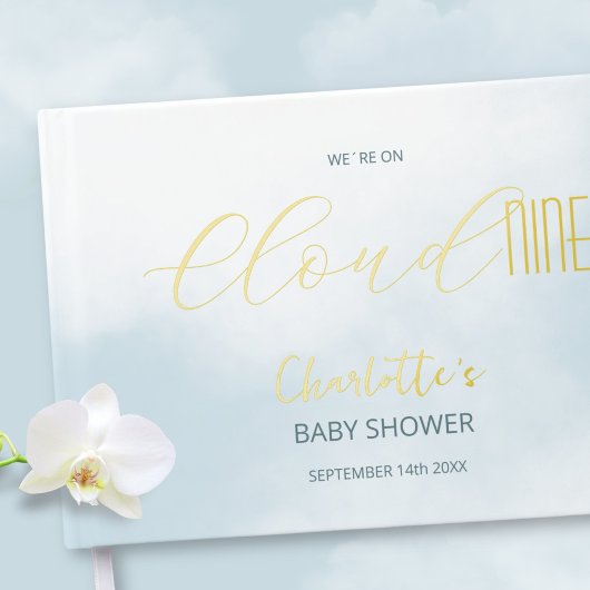 Wir sind auf Cloud 9 Elegant Script Blue Baby Show Gästebuch