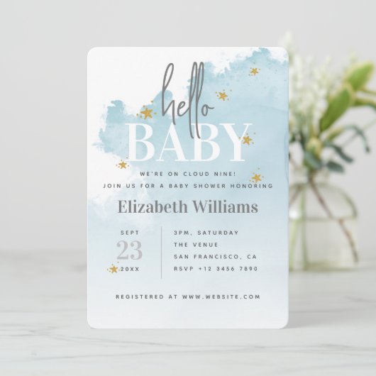 Wir sind auf Cloud 9 Hello Baby Shower Einladung (Stehend Vorderseite)