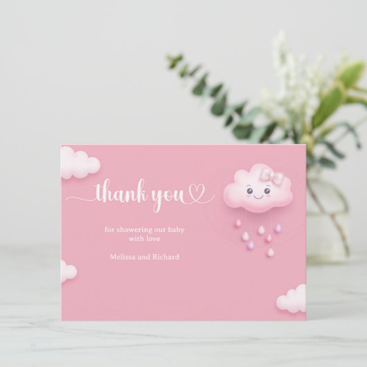 Wir sind auf Cloud 9 niedliche Cartoon Cloud rosa Dankeskarte (Stehend Vorderseite)