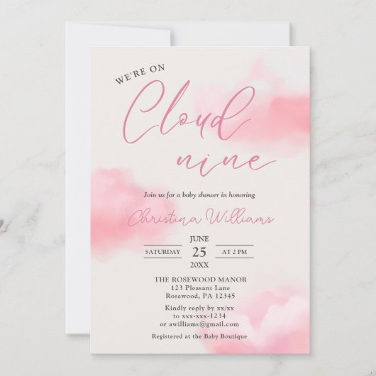Wir sind auf Cloud 9 Pink Girl Baby Shower Einladung (Vorderseite)