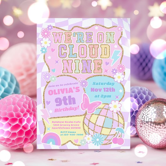 Wir sind auf Cloud 9 Preppy Varsity Patch Geburtst Einladung