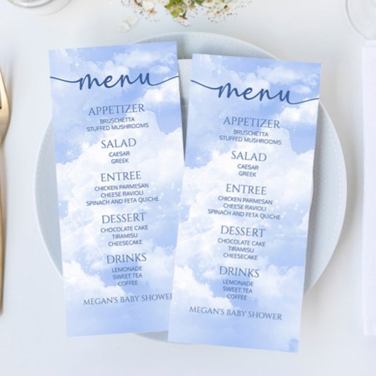 Wir sind auf Cloud Nine Blue Baby Dusche Food Menü Menükarte