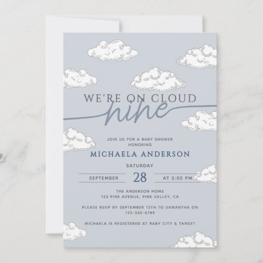 Wir sind auf Cloud Nine Hand Drawn Clouds Babydusc Einladung (Vorderseite)