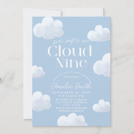 Wir sind auf Cloud Nine Modern Blue Cloud Baby Dus Einladung (Vorderseite)