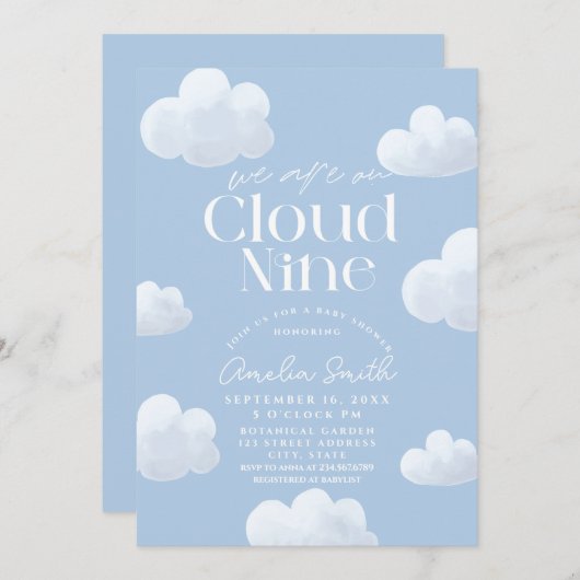 Wir sind auf Cloud Nine Modern Blue Cloud Baby Dus Einladung (Vorne/Hinten)