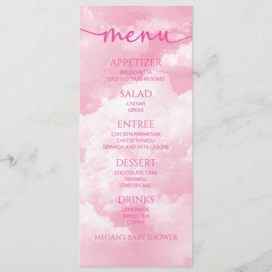 Wir sind auf Cloud Nine Pink Baby Dusche Food Menü Menükarte (Vorderseite)
