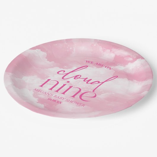 Wir sind auf Cloud Nine Pink Baby Dusche Pappteller (Schrägansicht)