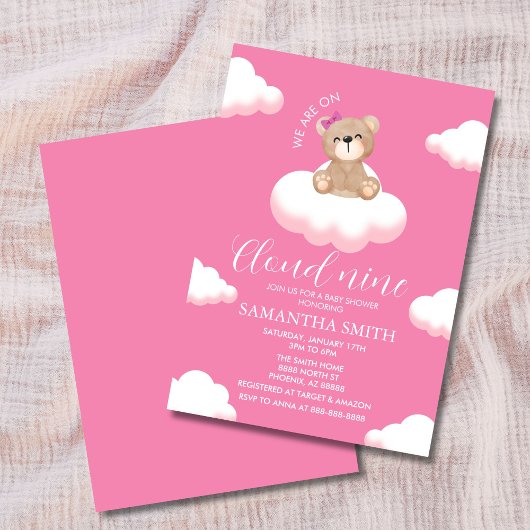 Wir sind auf Cloud Nine Pink Girl Bear Baby Shower Einladung
