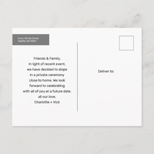 Wir sind dabei, Foto Save the Date zu Eloping Ankündigungspostkarte (Rückseite)