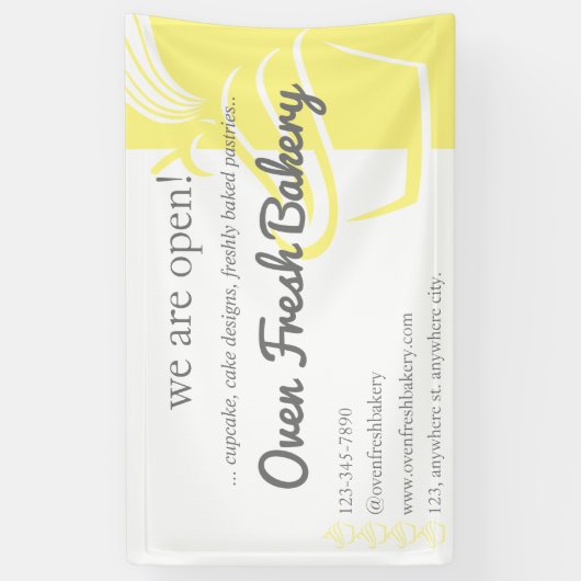 Wir sind ein Open-ellow-Cupcake-Bäckerei-Geschäft Banner (Vertikal)