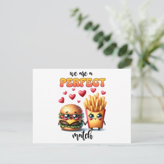 Wir sind ein perfekter Matchburger mit Pommes frit Postkarte (Stehend Vorderseite)
