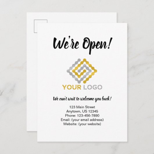 Wir sind eine Ankündigung zur Wiedereröffnung der  Postkarte (Vorne/Hinten)