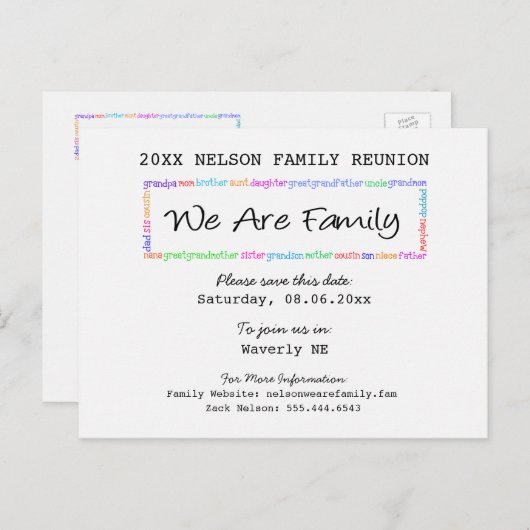 Wir sind Familien-Wiedersehen oder Party Save the  Ankündigungspostkarte (Vorne/Hinten)