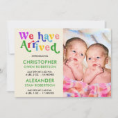 Wir sind Foto Twin Baby Birth angekommen Ankündigung (Vorderseite)