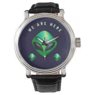 "Wir sind hier" grüner Alien-Kopf Armbanduhr