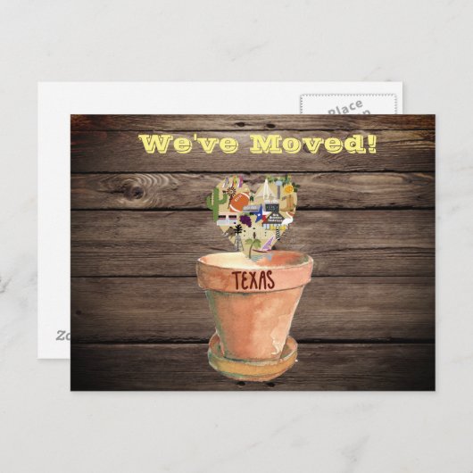 Wir sind nach Texas Postcard umgezogen Ankündigungspostkarte (Vorne/Hinten)