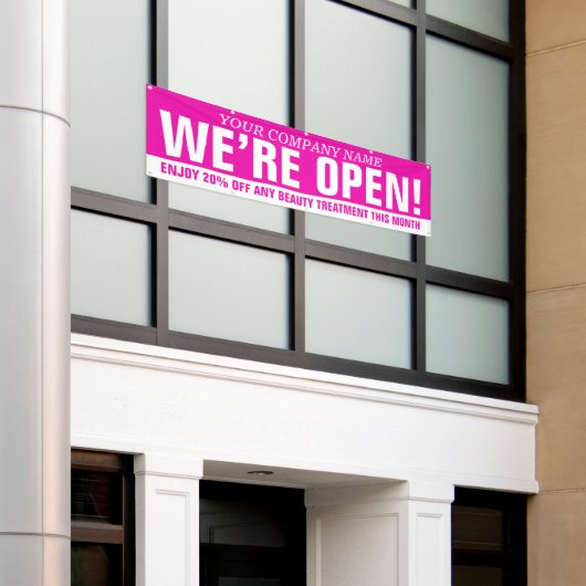 Wir sind offen Beauty-Business pink weiß signiert Banner (Äußeres Gebäude)
