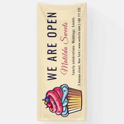 Wir sind offen Niedlich Cupcake Süßigkeiten Desser Banner (Vertikal)