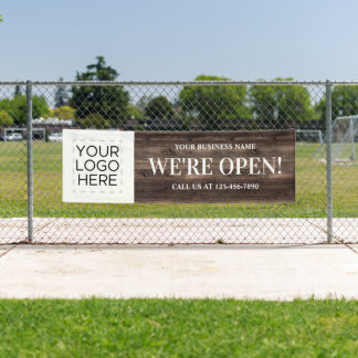 Wir sind Open-Business-Logo Rustikales Holz Banner