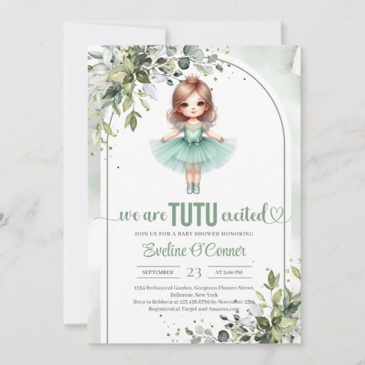 Wir sind tutu aufgeregt Tutu Grün und Gold Einladung (Vorderseite)