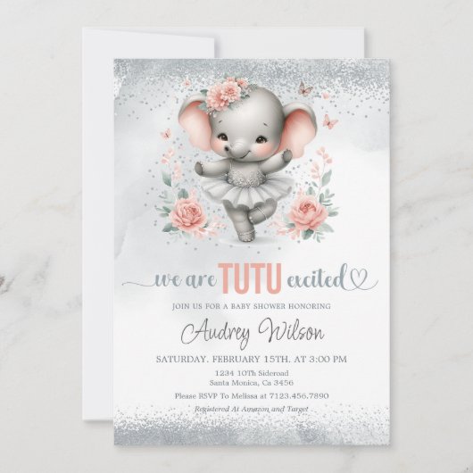 Wir sind Tutu aufgeregte Ballerina Elephant Babydu Einladung (Vorderseite)