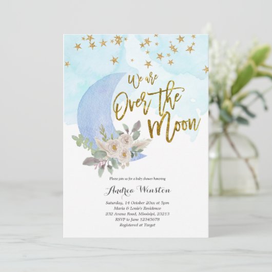 Wir sind über dem Mond Blue Baby Dusche Einladung (Stehend Vorderseite)