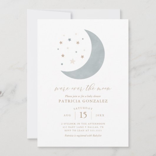 Wir sind über dem Mond Blue Gold Boy Baby Shower I Einladung (Vorderseite)