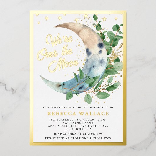 Wir sind über dem Mond Eukalyptus Baby Shower Gold Folieneinladung (Vorderseite)