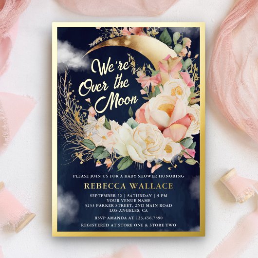 Wir sind über dem Mond Girl Navy Baby Shower Gold Folieneinladung