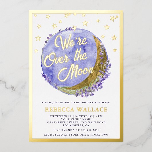 Wir sind über dem Mond Lavendel Baby Dusche Gold Folieneinladung (Vorderseite)