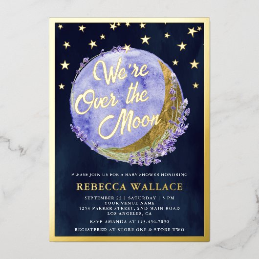 Wir sind über dem Mond Lavender Baby Shower Navy G Folieneinladung (Vorderseite)