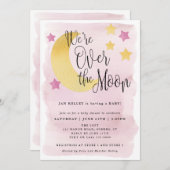 Wir sind über dem Mond, Pink Watercolor Babydusche Einladung (Vorne/Hinten)