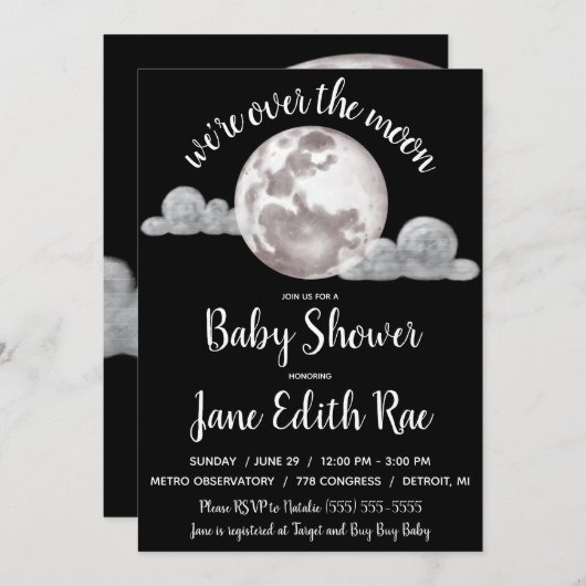 Wir sind über dem Mond, schwarz-weiß Babydusche Einladung (Vorne/Hinten)
