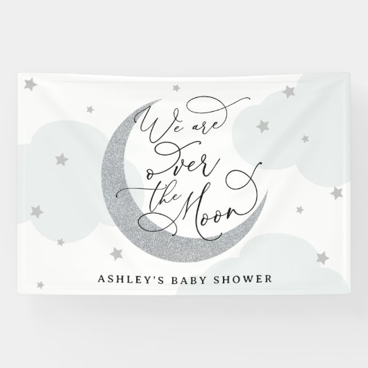 Wir sind über dem Mond Silver und Blue Baby Dusche Banner (Horizontal)