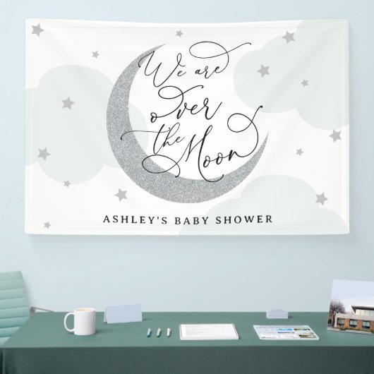 Wir sind über dem Mond Silver und Blue Baby Dusche Banner (Messe)