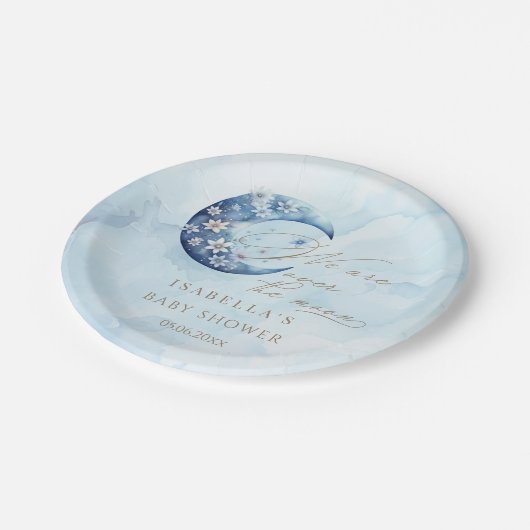 Wir sind über dem Mond und haben eine Babydusche Pappteller (Schrägansicht)