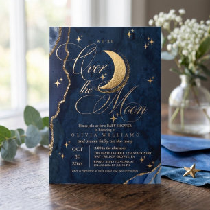 Wir sind über den Mond Gold Sterne Blau Baby Showe Einladung