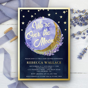 Wir sind über den Mond Lavendel-Baby-Party Navy Go Folieneinladung