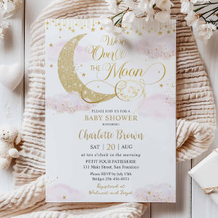 Wir sind über den Mond Sterne Rosa Gold Babyparty Einladung