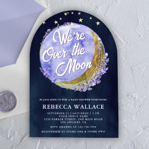 Wir sind über der Mond Lavender Navy Arch Baby Dus Einladung
