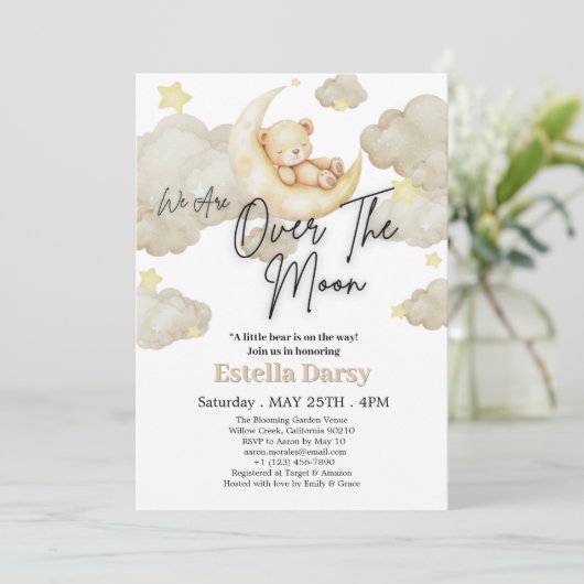 Wir sind über der Teddy Bear Baby Dusche Einladung (Stehend Vorderseite)