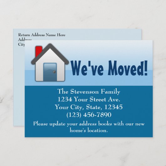 Wir sind umgezogen, blaues Haus-Symbol Ankündigungspostkarte (Vorne/Hinten)