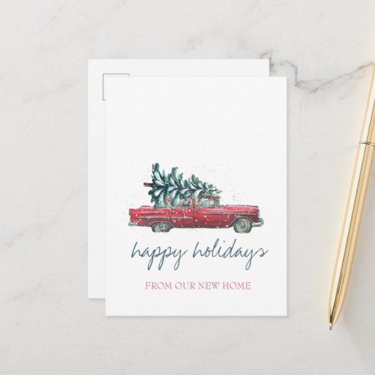 Wir sind umgezogen, Retro-Auto, Weihnachtsbaum Ankündigungspostkarte (Vorderseite/Rückseite Beispiel)
