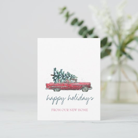 Wir sind umgezogen, Retro-Auto, Weihnachtsbaum Ankündigungspostkarte (Stehend Vorderseite)