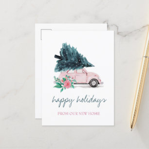 Wir sind umgezogen,Rosa Auto,Weihnachtsbaum Ankündigungspostkarte