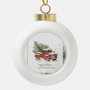 Wir sind umgezogen,Roter LKW,Tannenbaum-Schnee-Fei Keramik Kugel-Ornament
