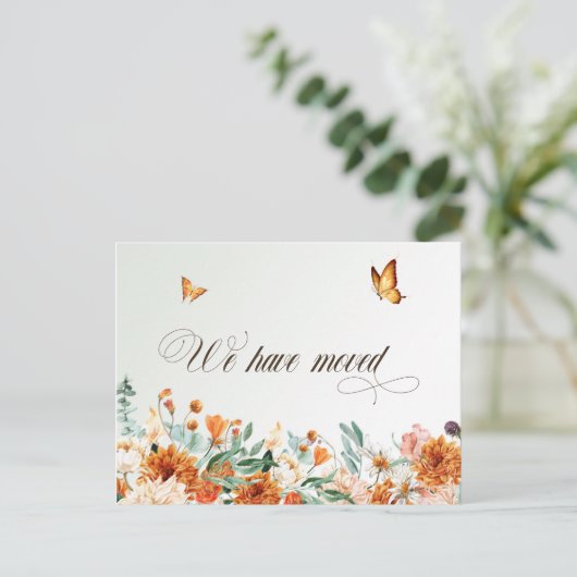 wir sind umgezogen, sommerliche Blume und Schmette Postkarte (Stehend Vorderseite)