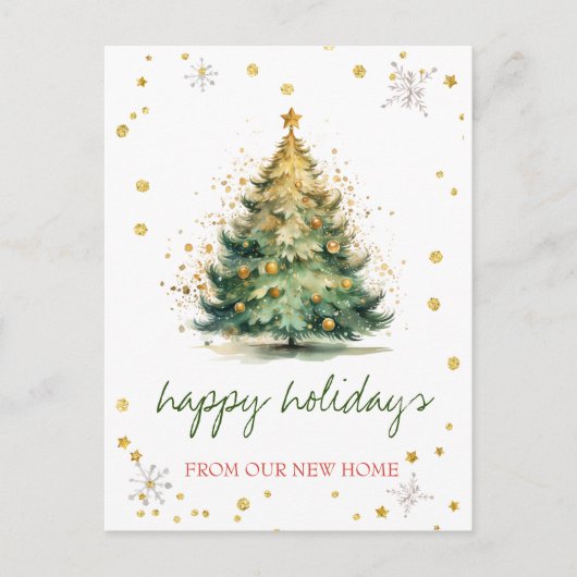 Wir sind umgezogen, Weihnachtsbaum Gold Ankündigungspostkarte (Vorderseite)